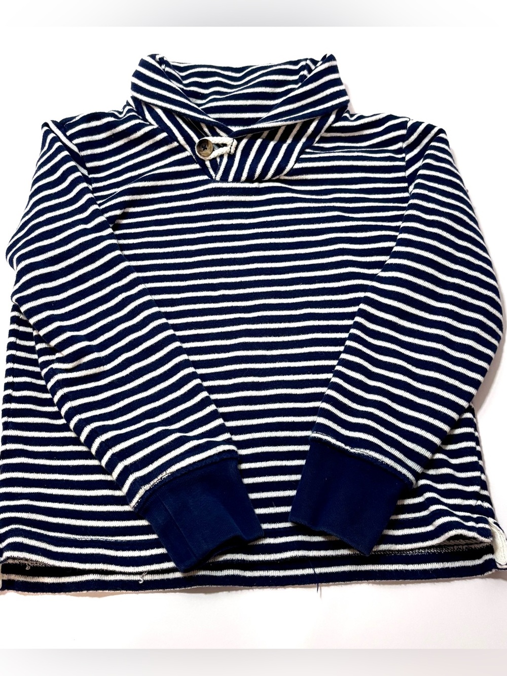 Striped Navy White Boy’s Boat Collar Pull-over with Button detail. Size 6-8